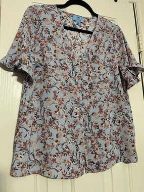 CeCe Light Blue Floral V-Neck Blouse